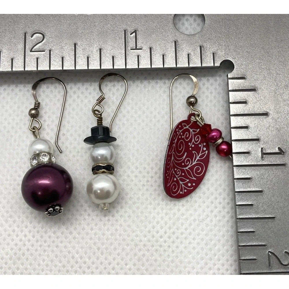 Vintage‎ Lot of 3 Beaded Dangle Earrings Sterling 925 Silver 11g Snowman Purple